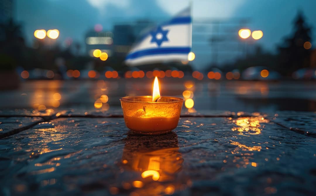 Yom HaZikaron theme, a single candle lit in a small glass, placed on a stone surface with the backdrop of a waving Israeli flag at half-mast