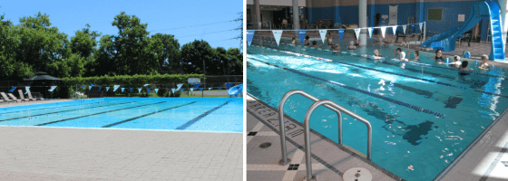 Two shots side by side of our indoor and outdoor pools