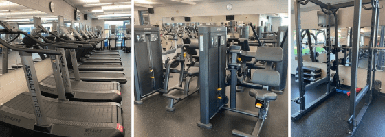 Multiple angles of fitness equipment at the fitness center.