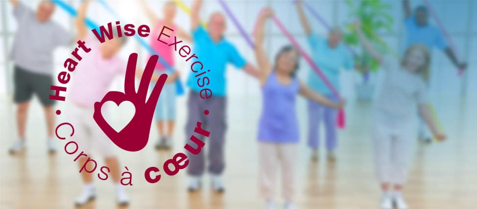 A blurred image of an exercise class using stretch bands. University of Ottawa Heart Institute HeartWise logo is overlaid in red